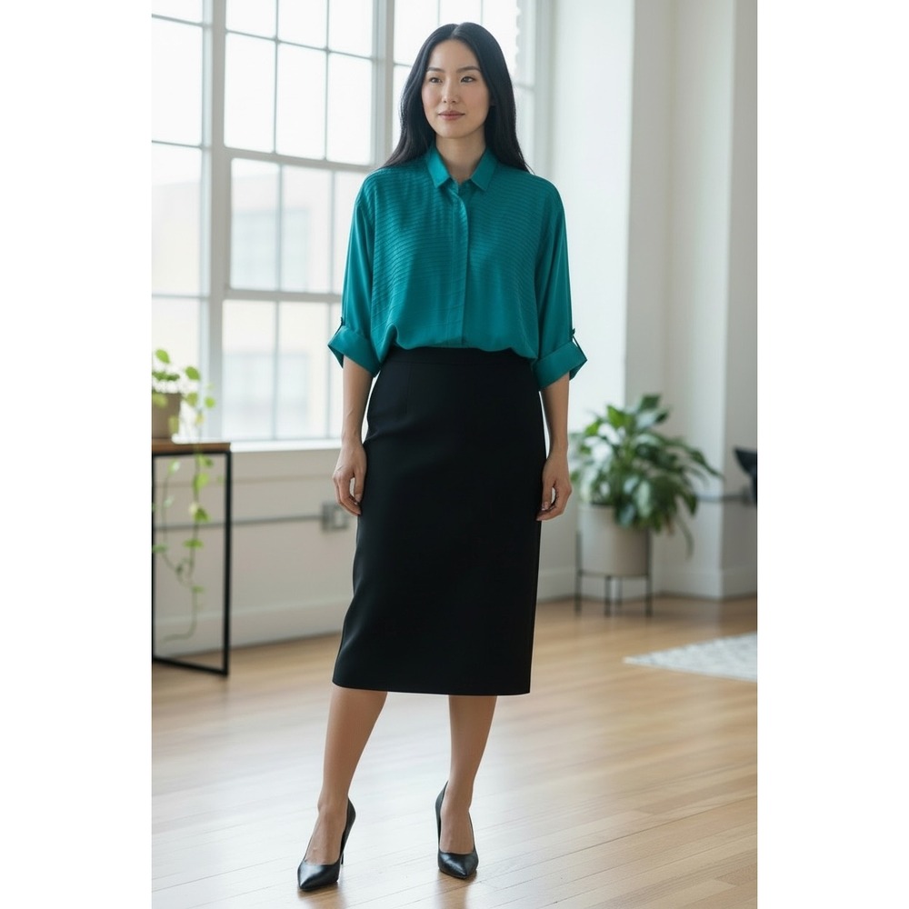 Marisa Baratelli Thai Silk Pintuck Pleated Blouse Teal Blue 3/4 Sleeve Size 10